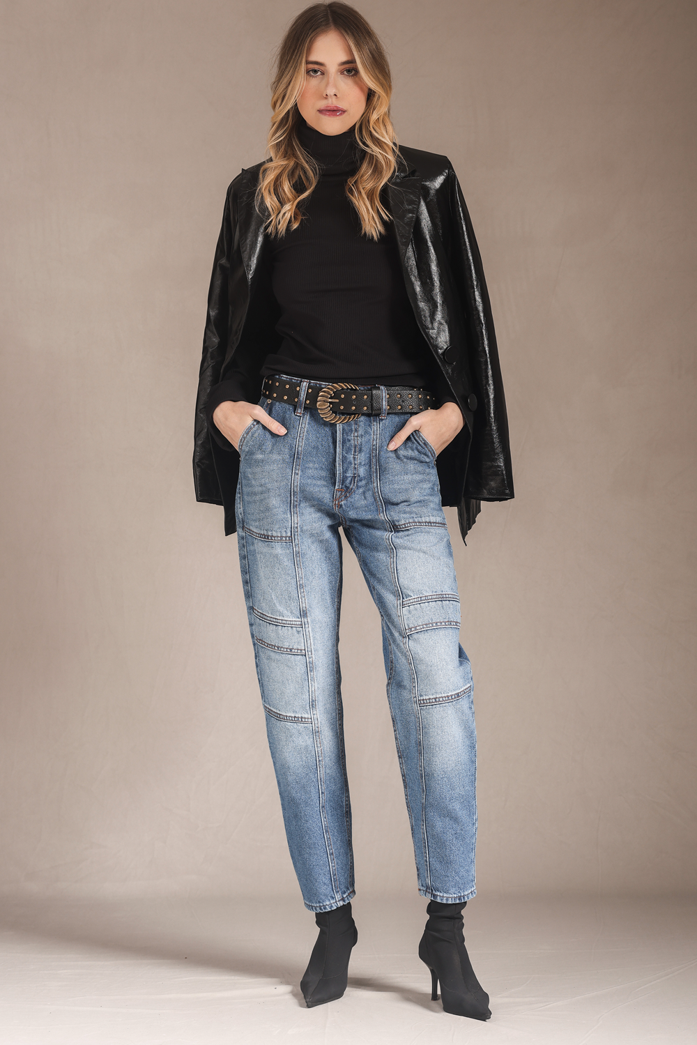 CALÇA OLIVIA FEMININA CARGO RECORTES JEANS