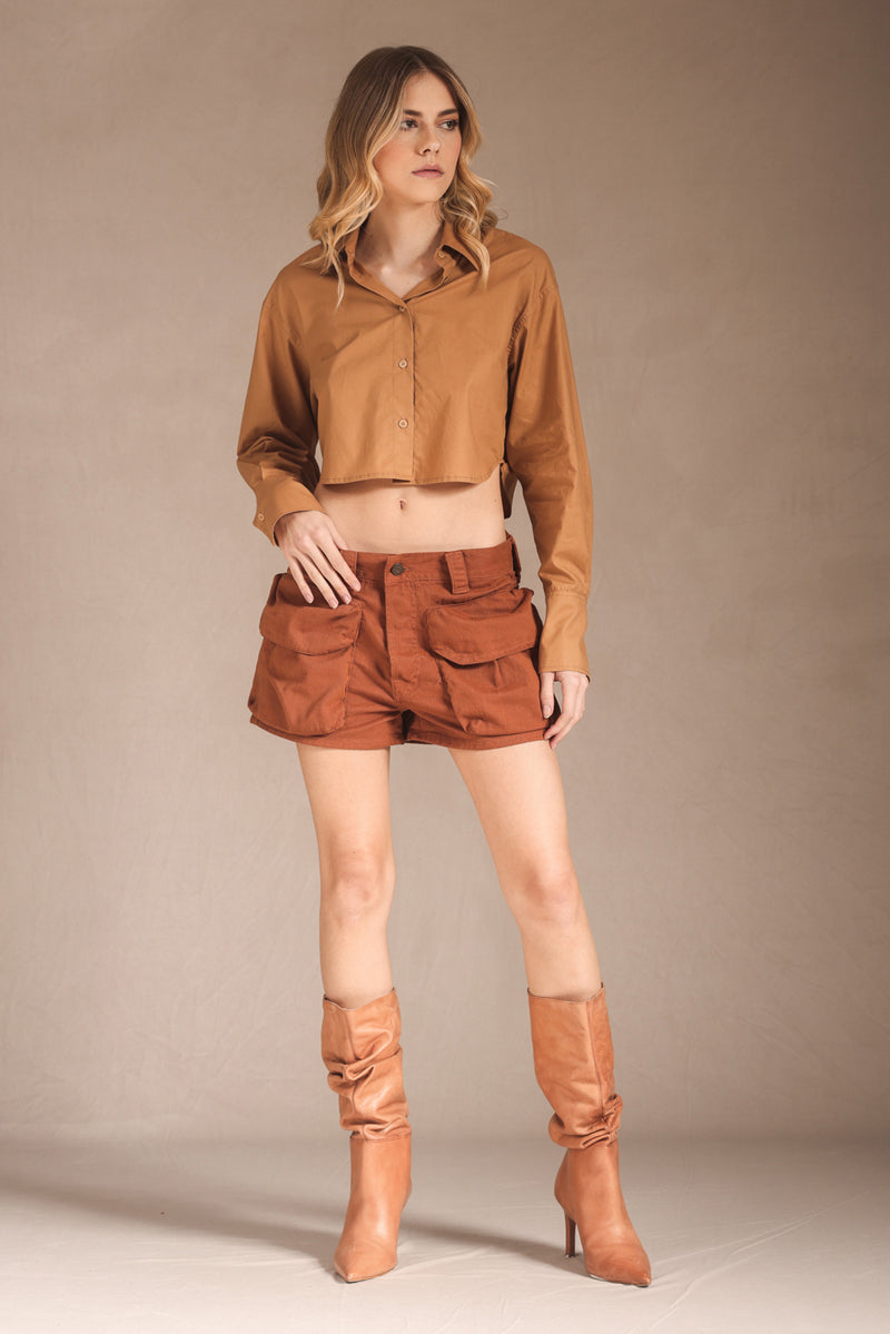 SHORTS RAQUEL FEMININO CARGO PUFF SARJA CARAMEL