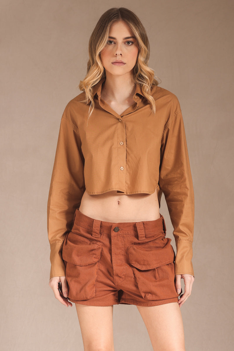 SHORTS RAQUEL FEMININO CARGO PUFF SARJA CARAMEL