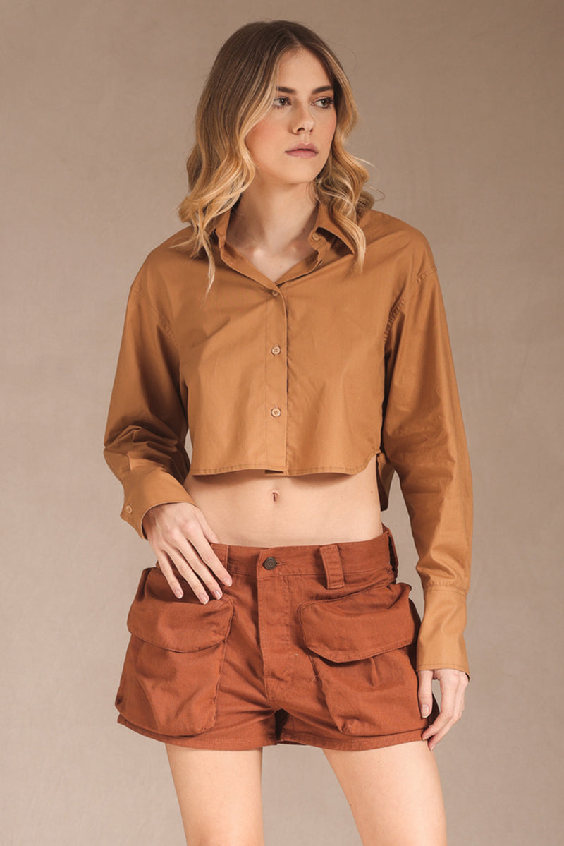 CAMISA FEMININA CROPPED - CARAMEL