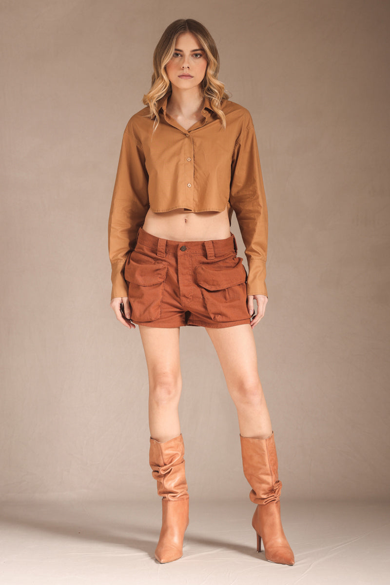 CAMISA FEMININA CROPPED - CARAMEL