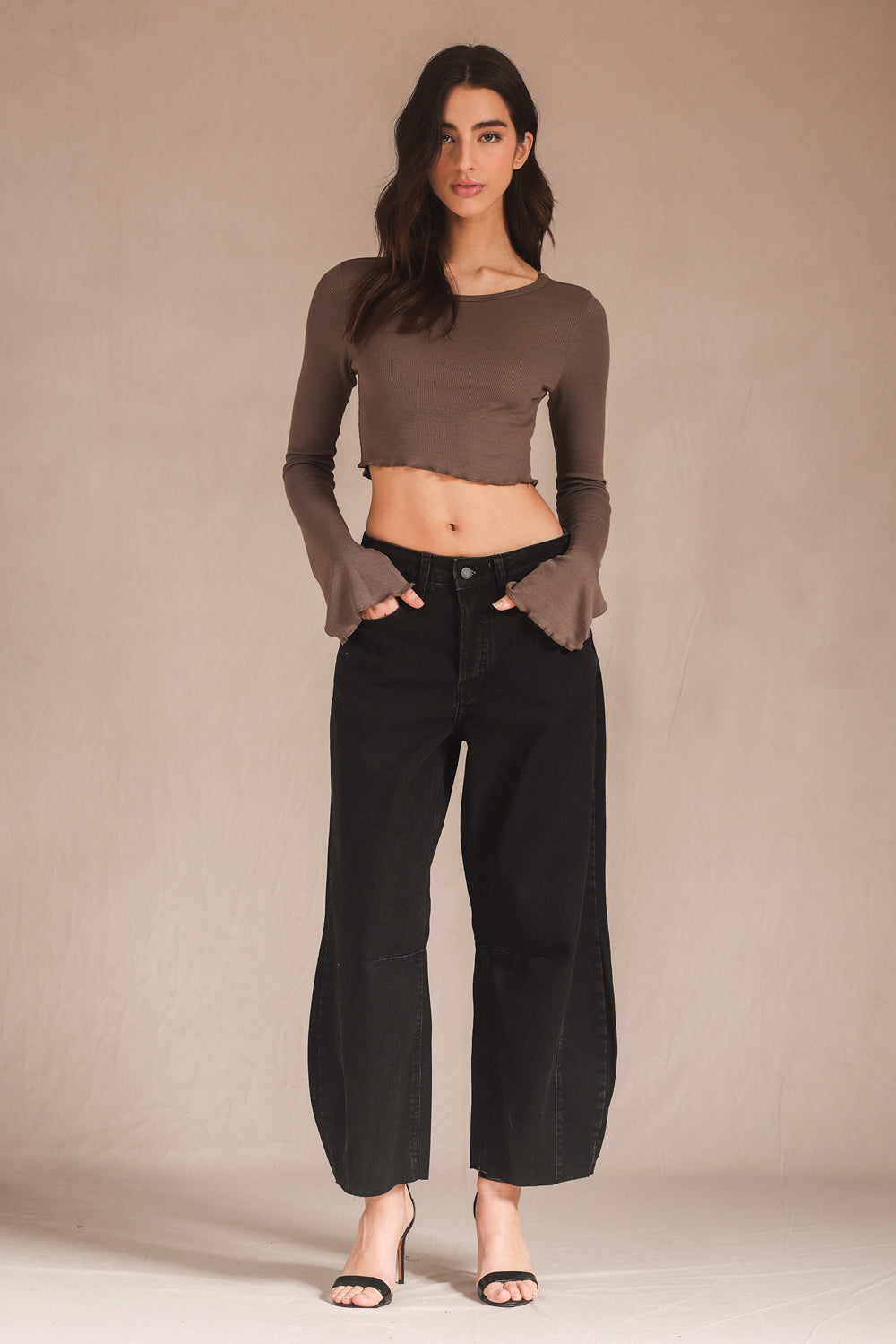 BLUSA FEMININA CROPPED MANGA LONGA RIBANA CINZA