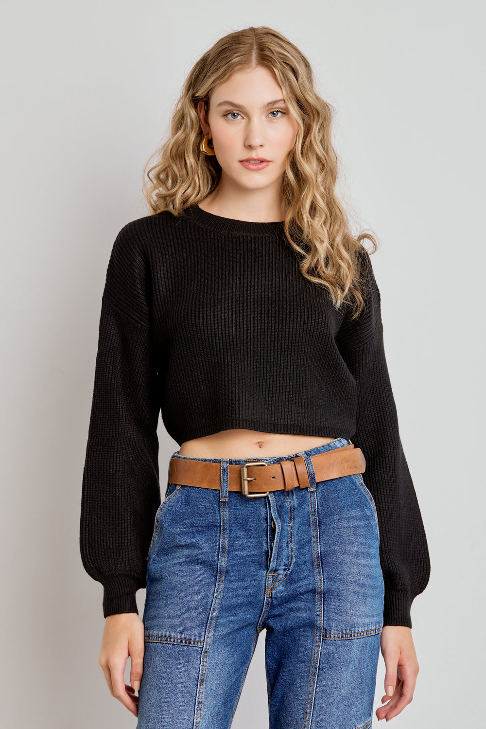 TRICOT FEMININO CROPPED MANGA LONGA - PRETO