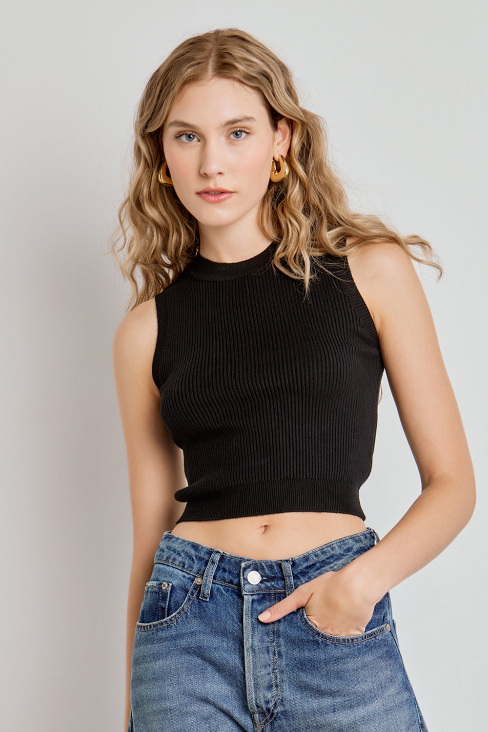 TRICOT FEMININO TOP CROPPED CANELADO PRETO