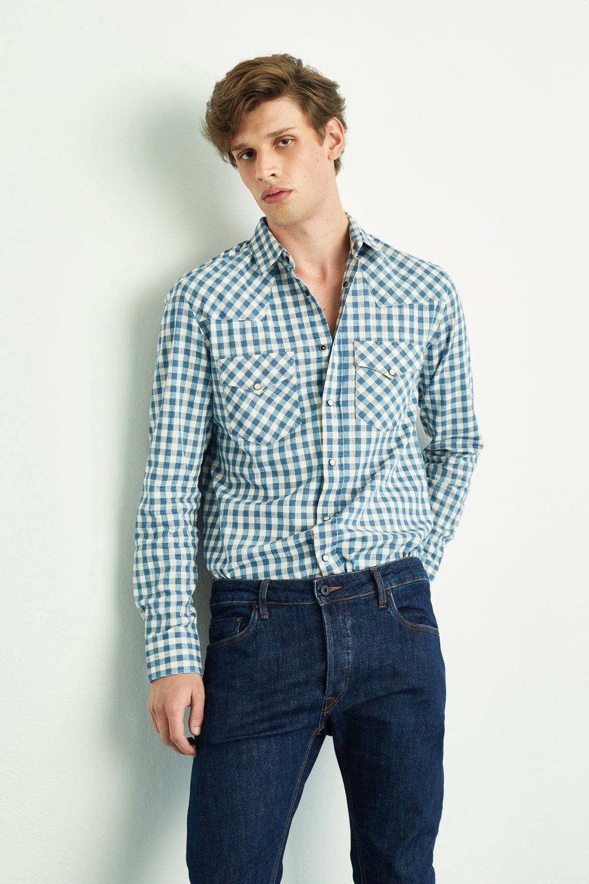 CAMISA MASCULINA XADREZ BRANCO E AZUL