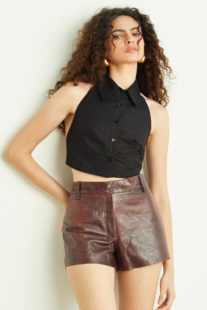 SHORTS MIRELA FEMININO CINTURA BAIXA COURO UVA