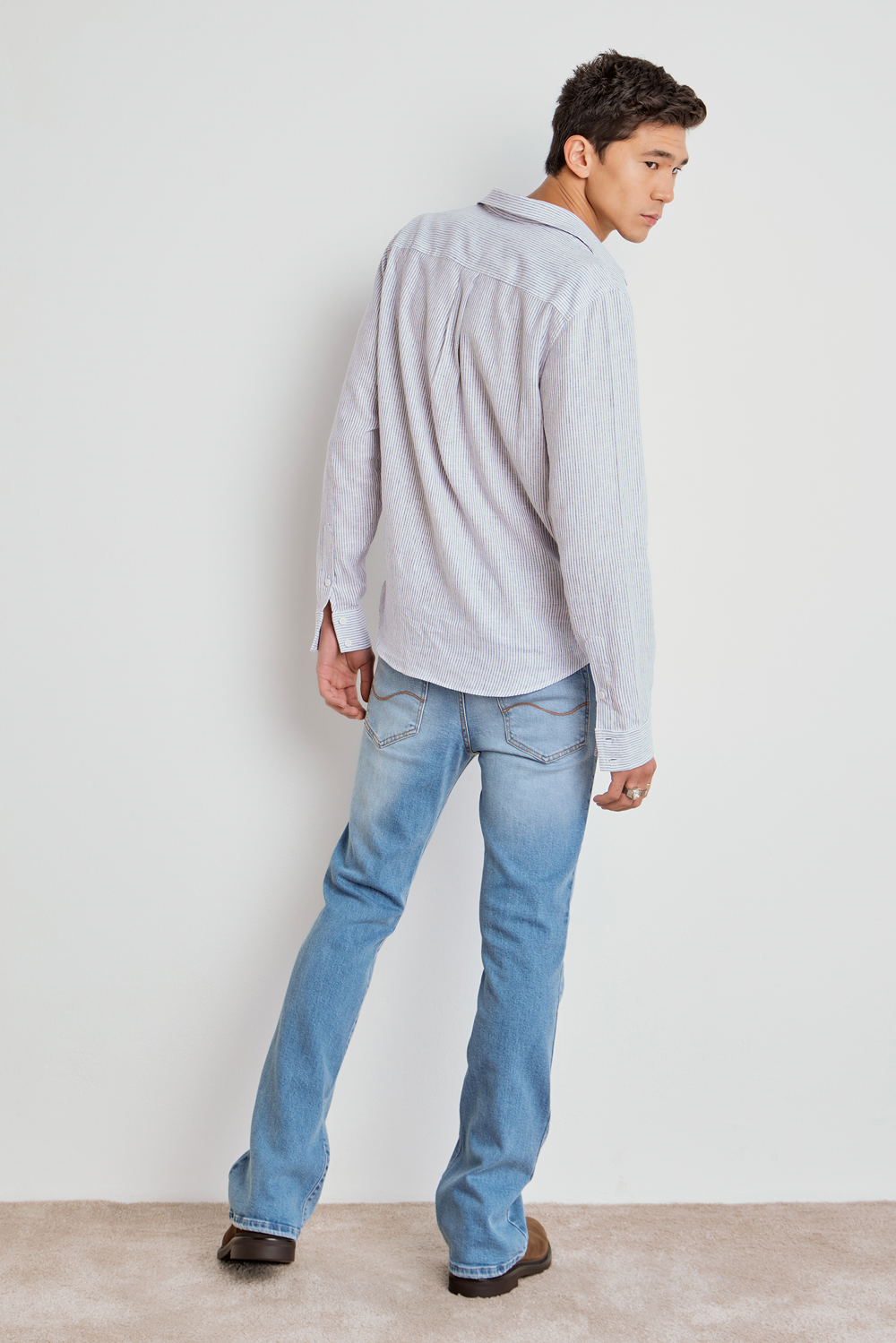 CAMISA MASCULINA LINHO LISTRADO AZUL/OFF