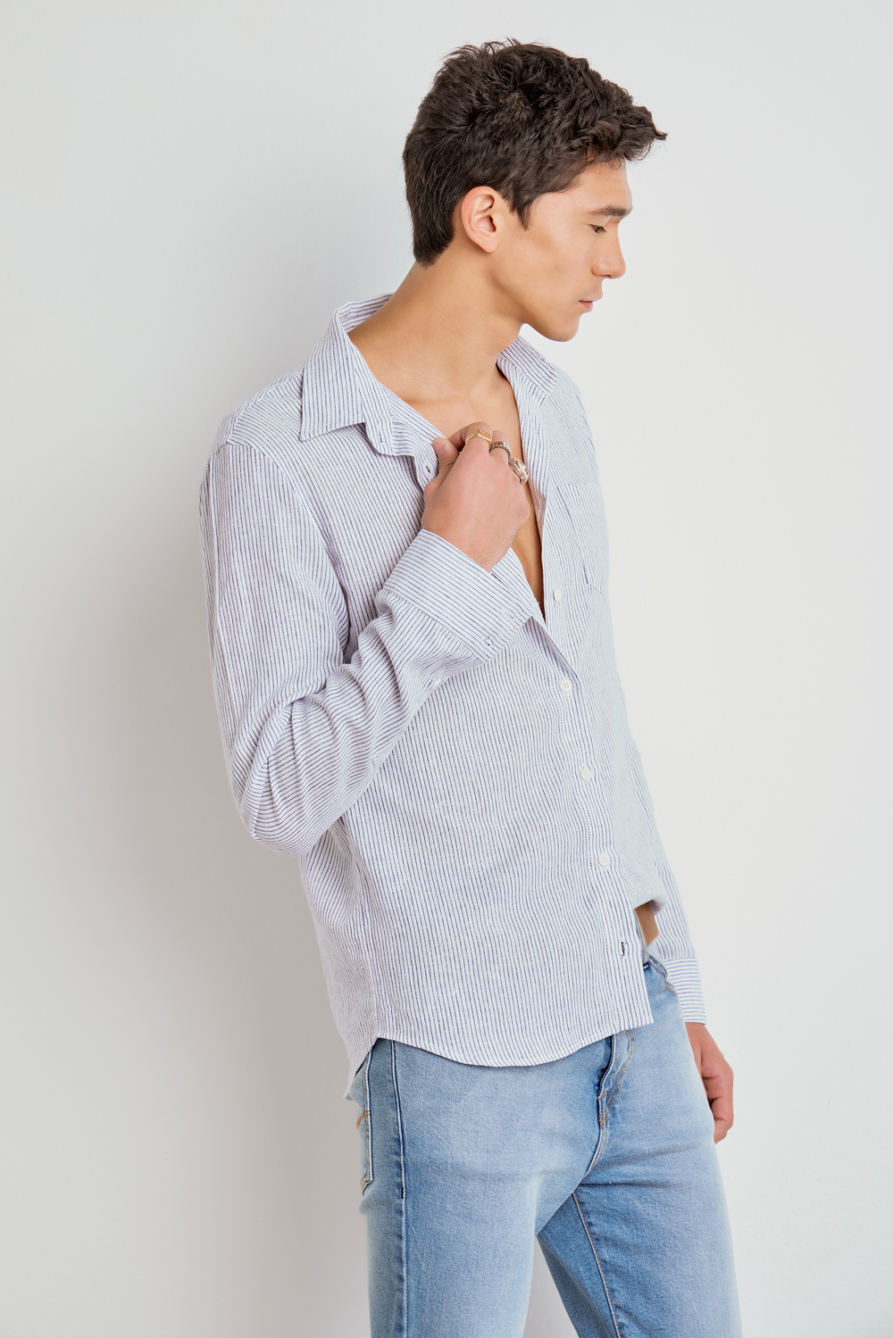 CAMISA MASCULINA LINHO LISTRADO AZUL/OFF