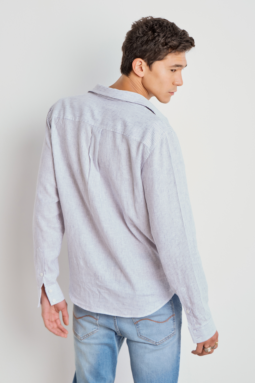 CAMISA MASCULINA LINHO LISTRADO AZUL/OFF