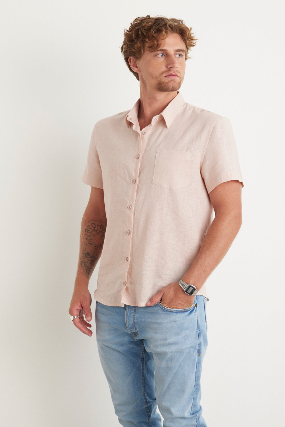 CAMISA MASCULINA LINHO MANGA CURTA - NUDE