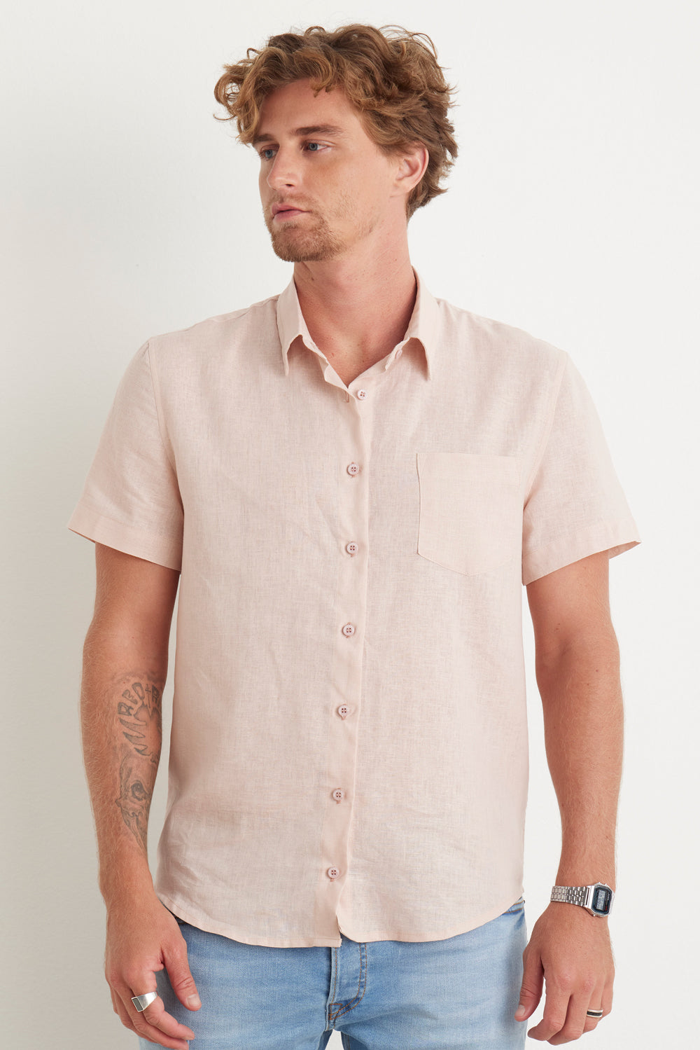CAMISA MASCULINA LINHO MANGA CURTA - NUDE