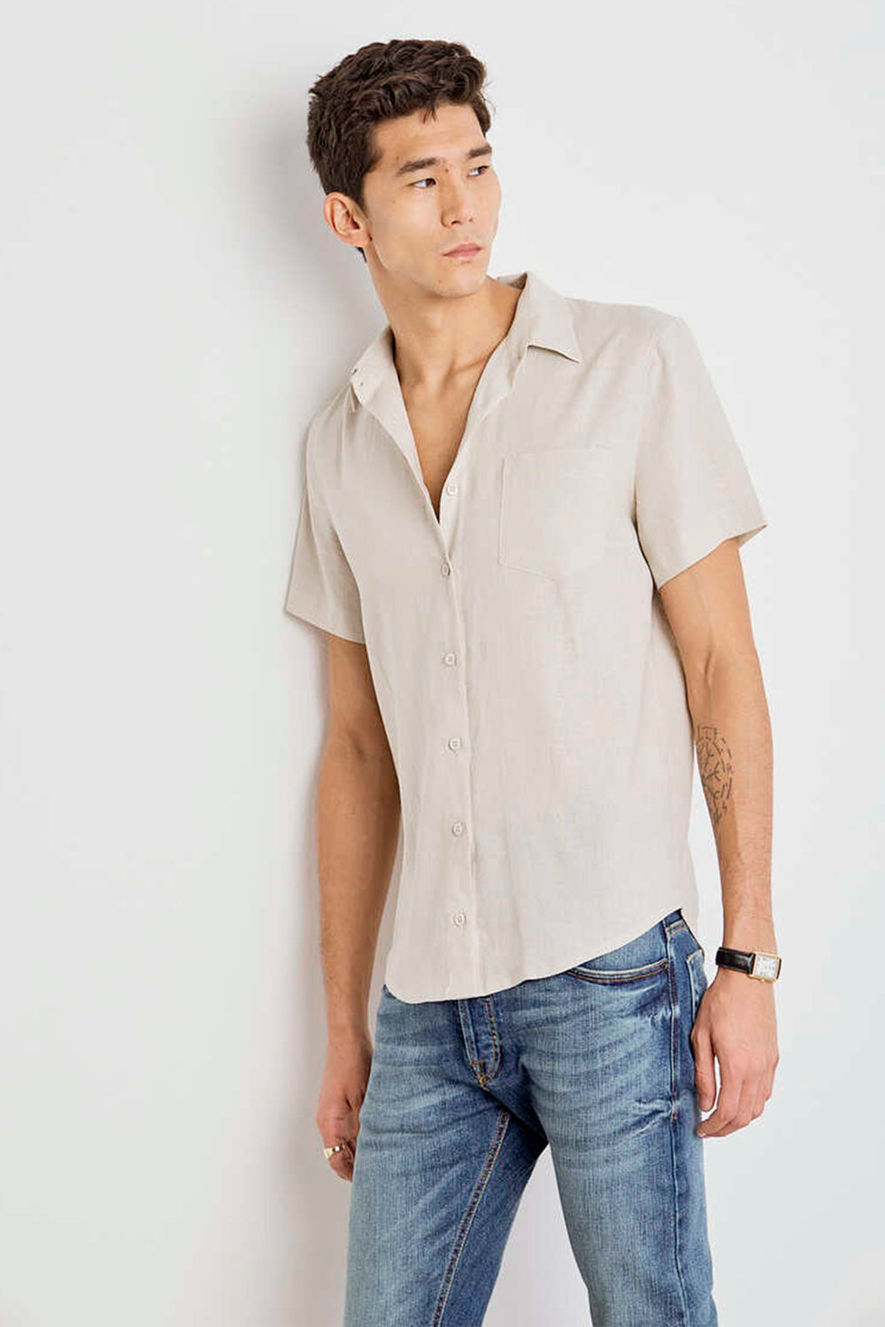 CAMISA MASCULINA LINHO MANGA CURTA - NATURAL