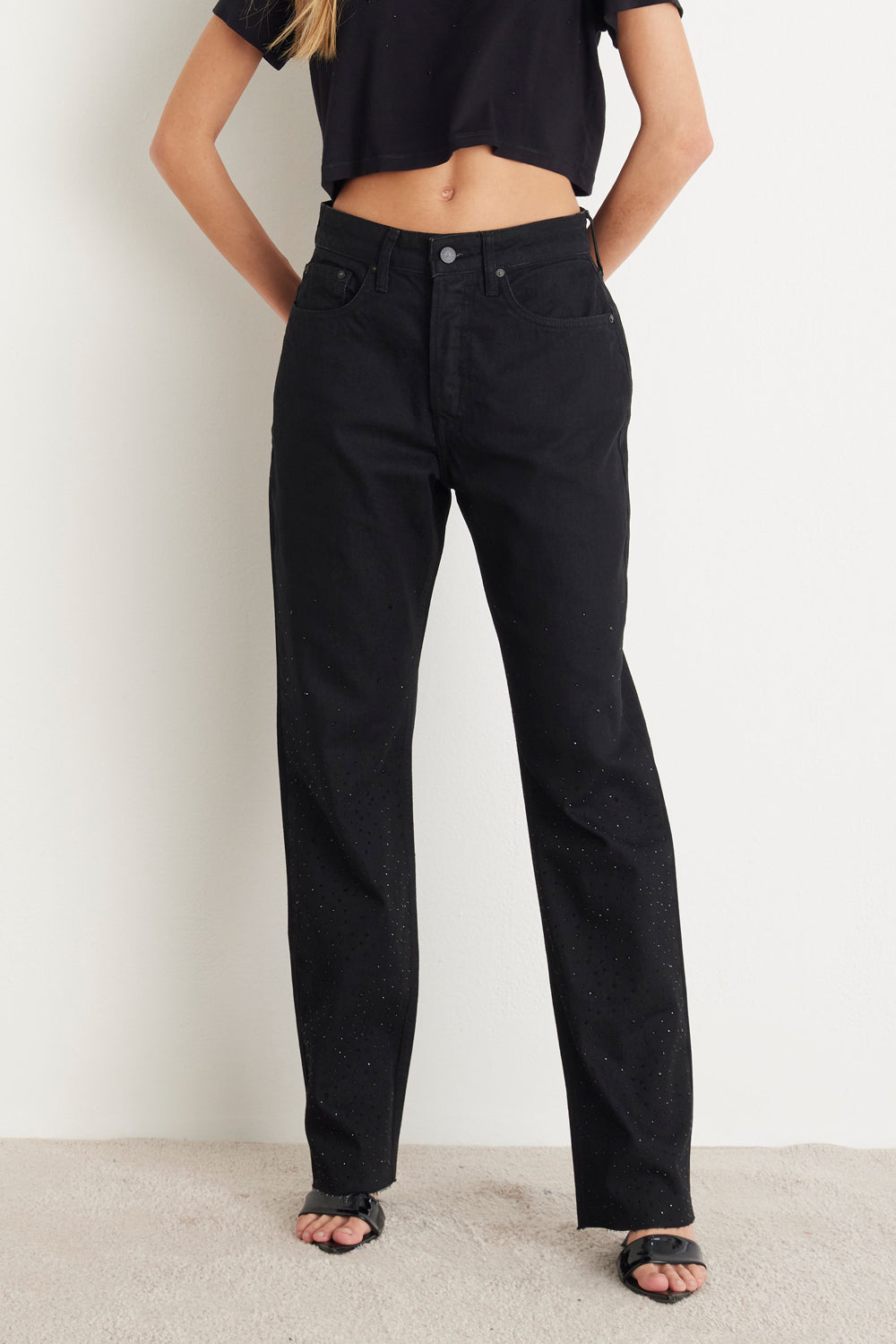 CALÇA FLAVIA FEMININA STRAIGHT BRILHOS JEANS BLACK