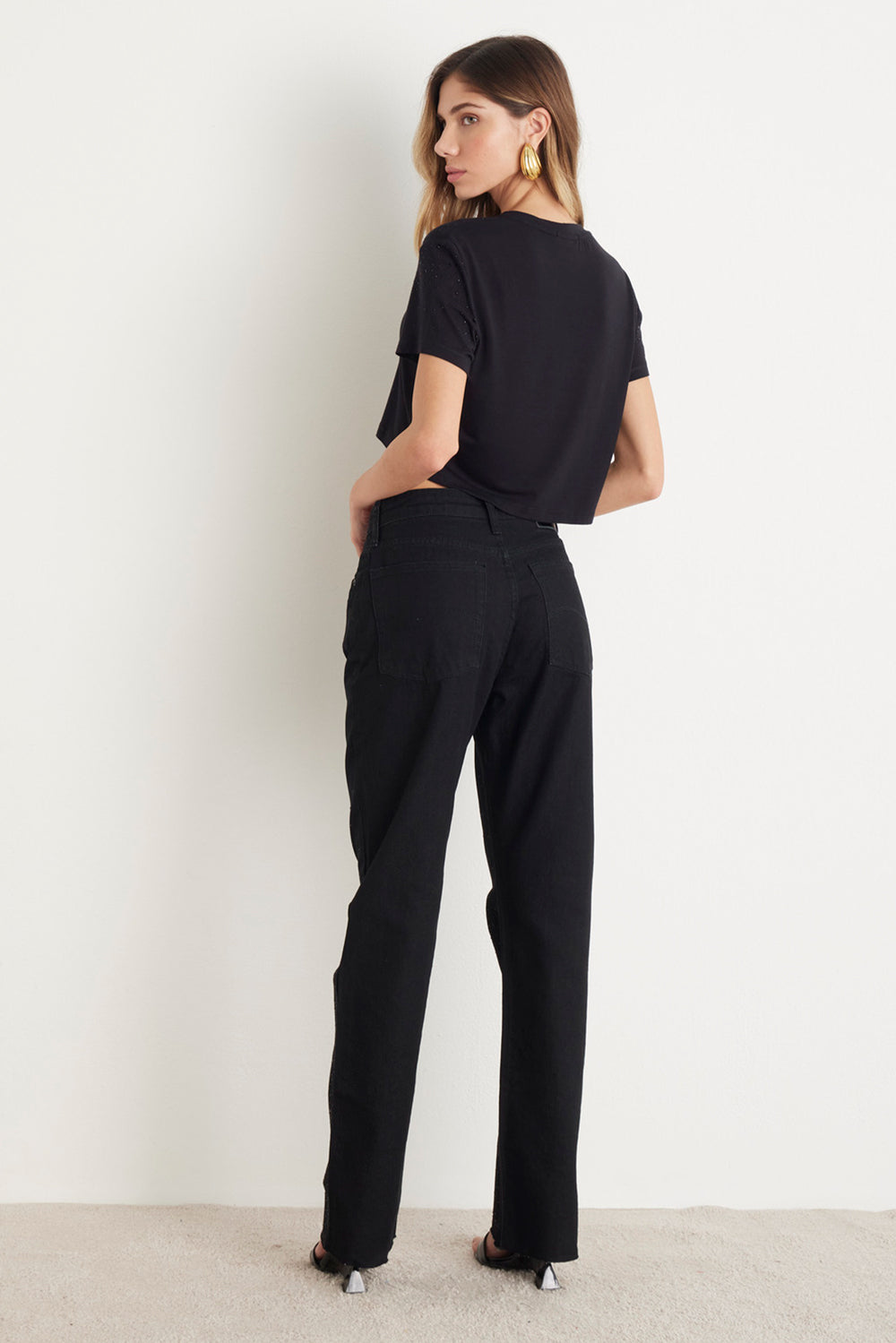 CALÇA FLAVIA FEMININA STRAIGHT BRILHOS JEANS BLACK