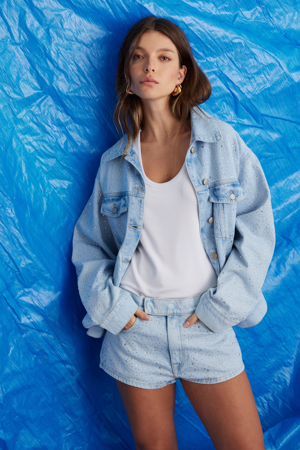 JAQUETA MANUELLA FEMININA APLICAÇÕES JEANS CLARO