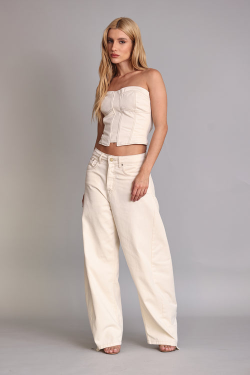 CALÇA ESTHER FEMININA BARREL RECORTES SARJA