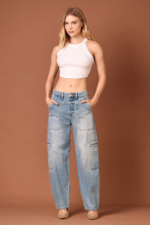 Calça Barrel Cargo Jeans Claro