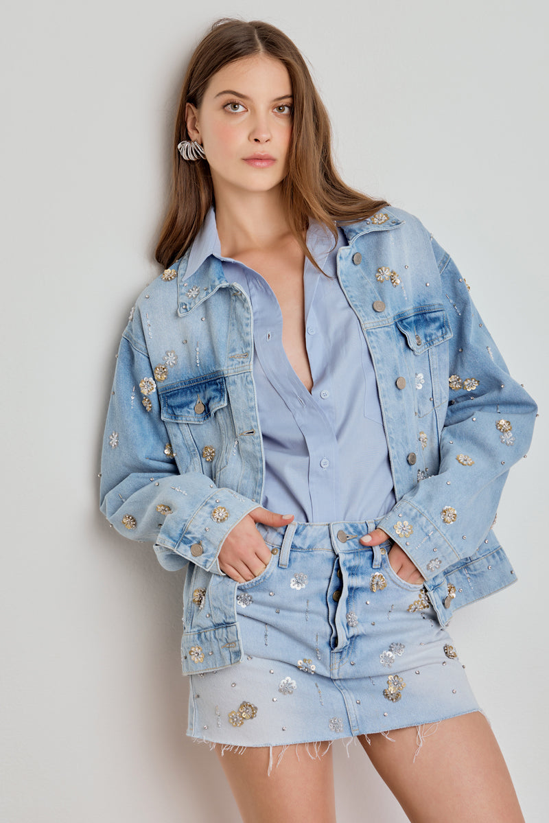 JAQUETA CARMEM FEMININA RELAXED BORDADA JEANS