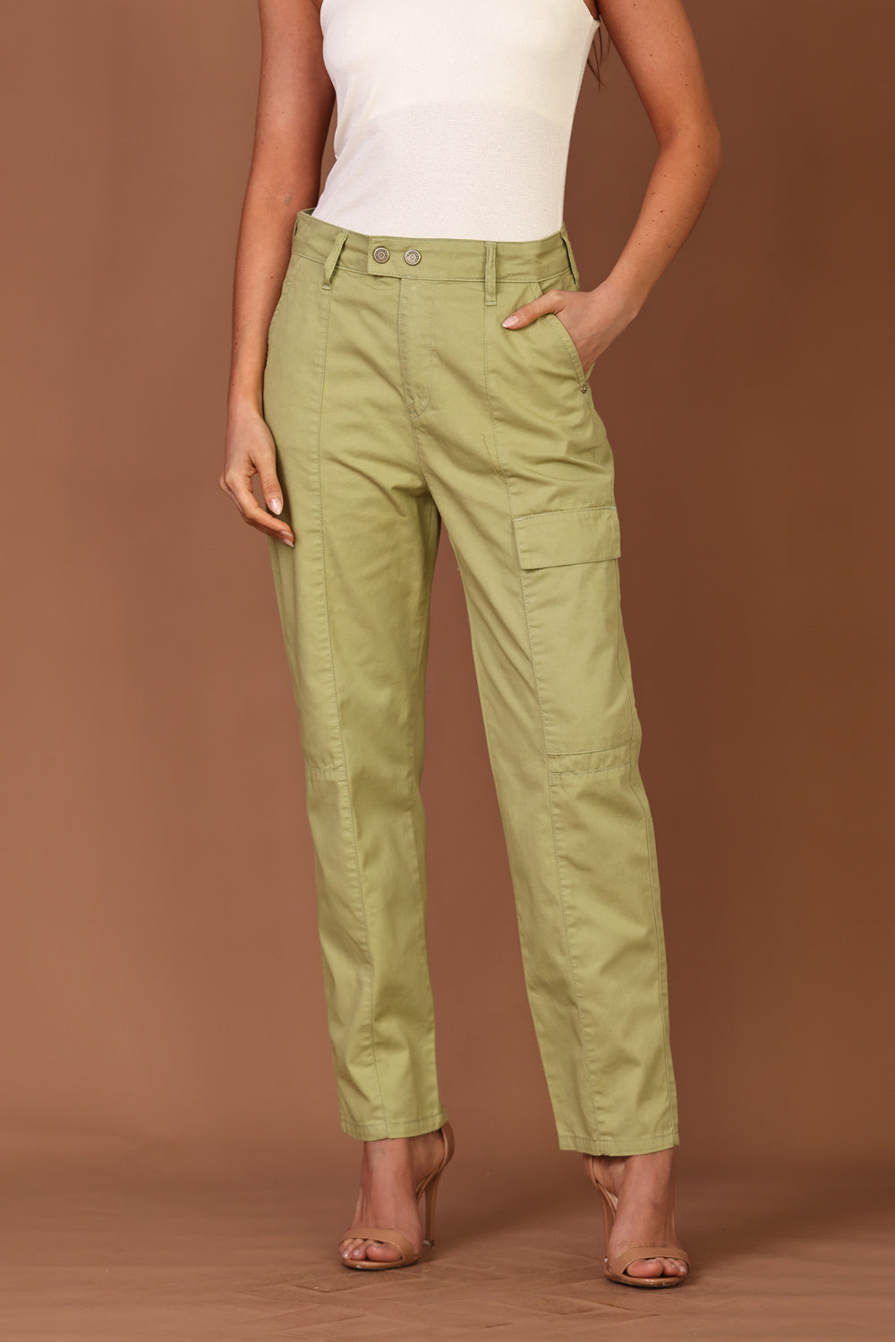 CALÇA VIRGINIA FEMININA CARGO SARJA VERDE OLIVA