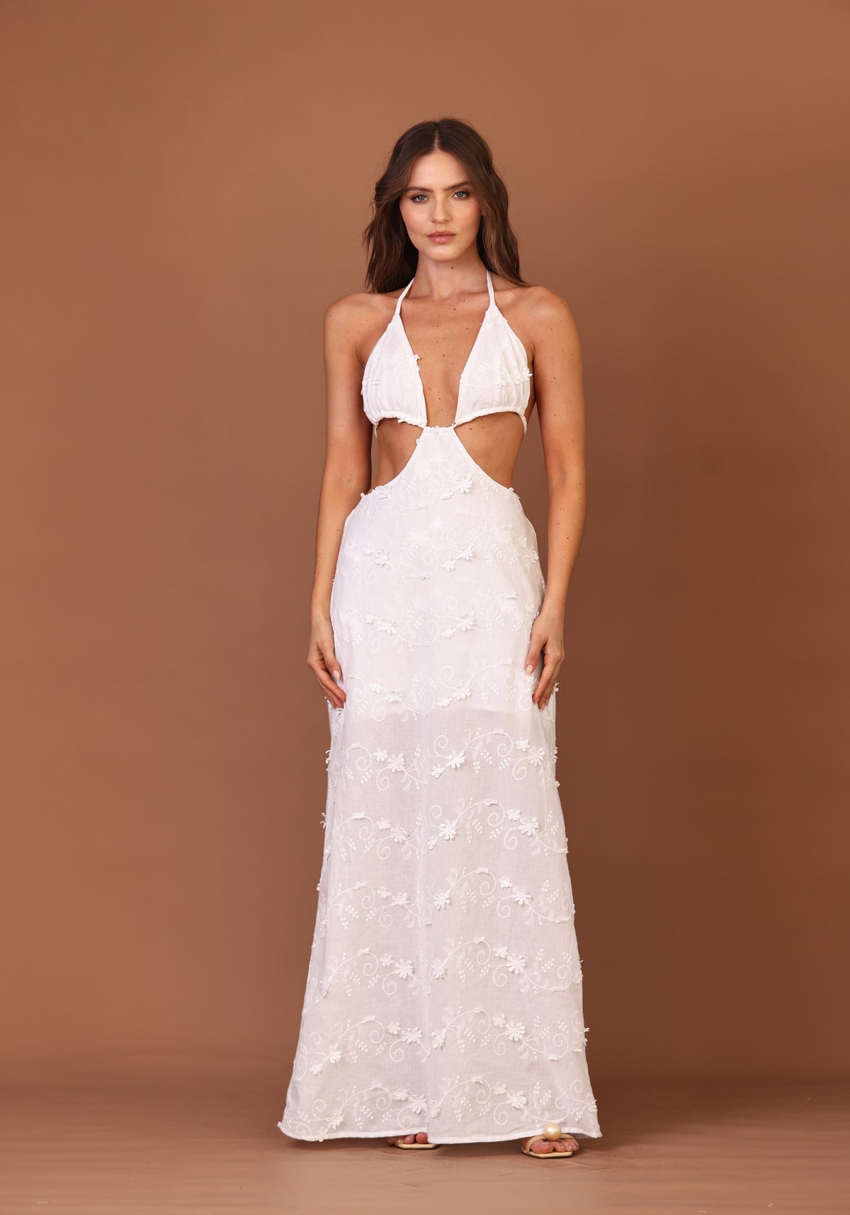 VESTIDO FEMININO LONGO TOP TRIANGULO BRANCO