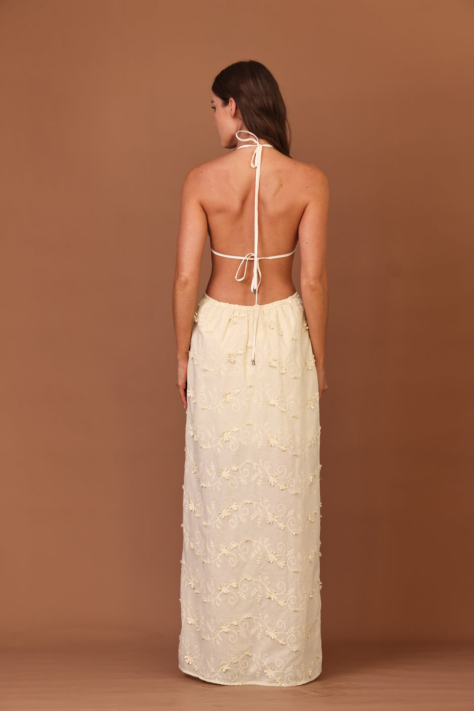 VESTIDO FEMININO LONGO TOP TRIANGULO BEGE AVEIA