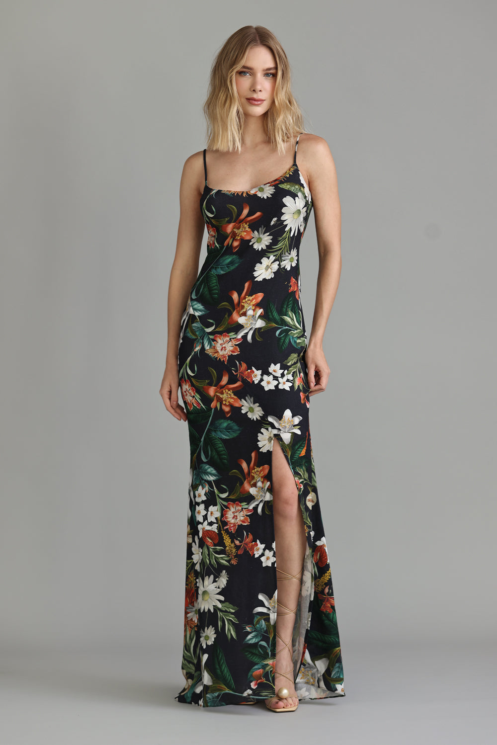 VESTIDO FEMININO FENDA LONGO ESTAMPADO TROPICAL FLOWER