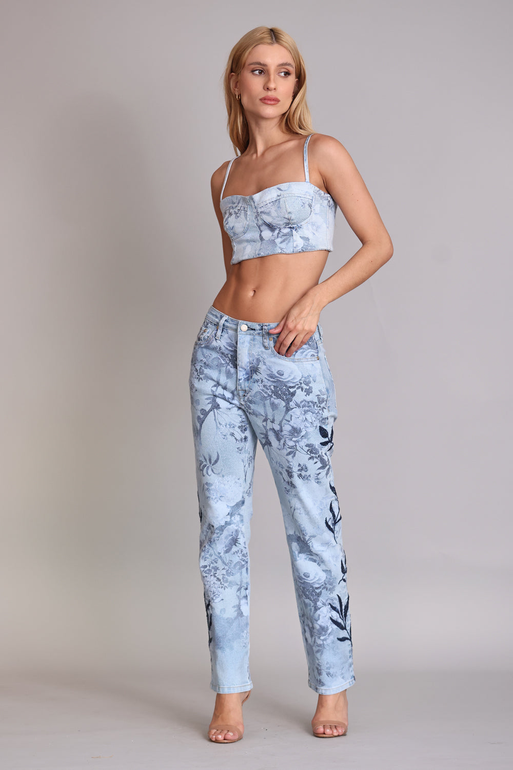 TOP CROPPED FEMININO LIGHT FLOWER JEANS CLARO