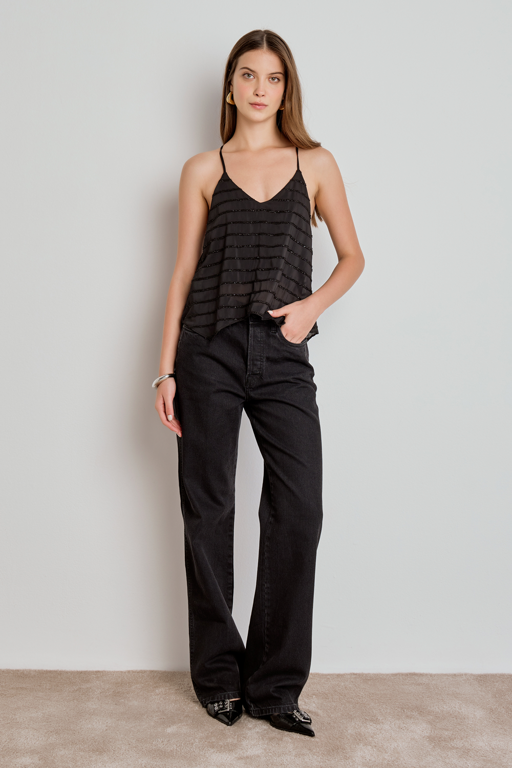 REGATA FEMININA LISTRADA BRILHO ALÇA