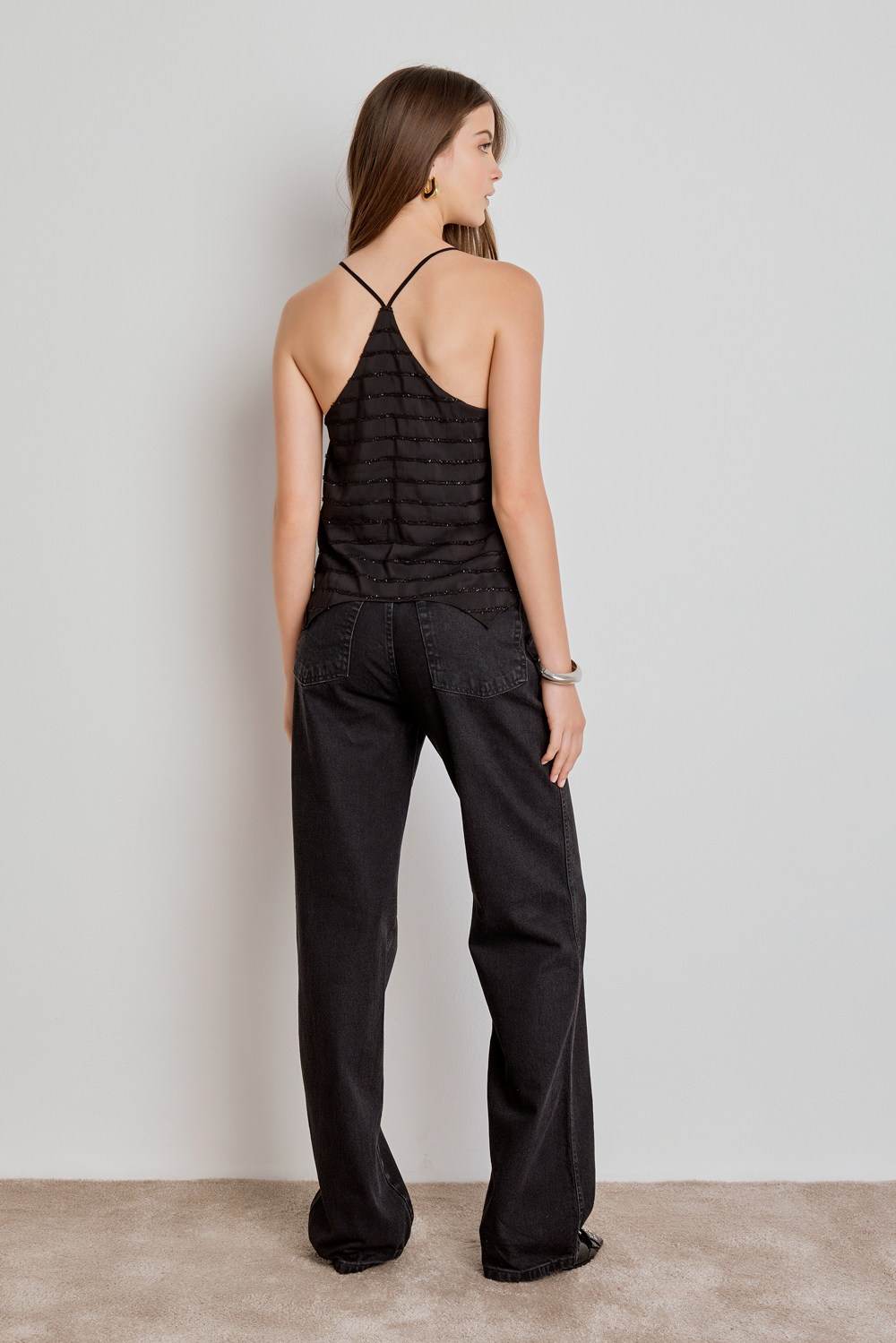 REGATA FEMININA LISTRADA BRILHO ALÇA