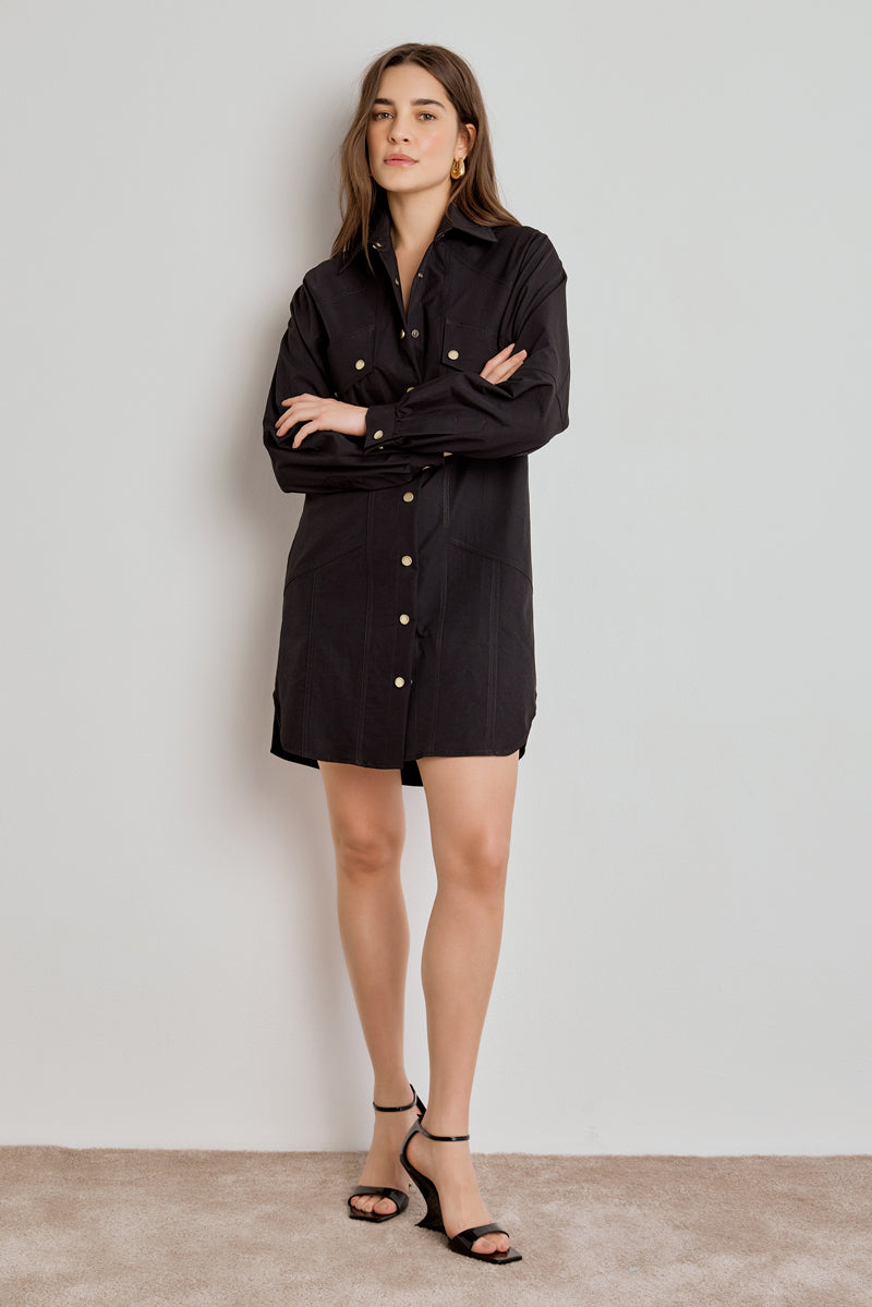 CHEMISE FEMININA MANGA LONGA RECORTES - PRETO