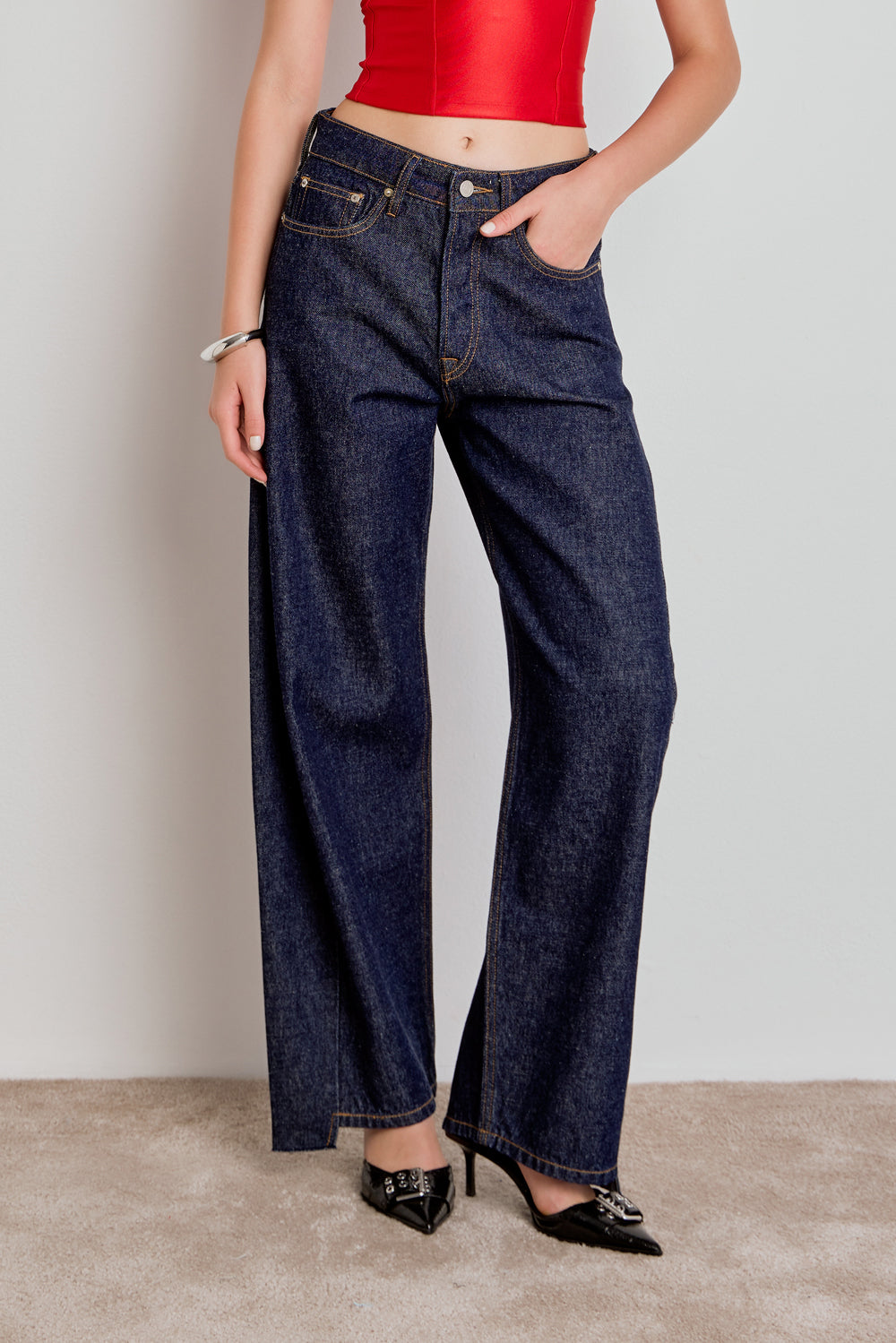 CALÇA ALINE FEMININA BARREL RECORTES JEANS ESCURO