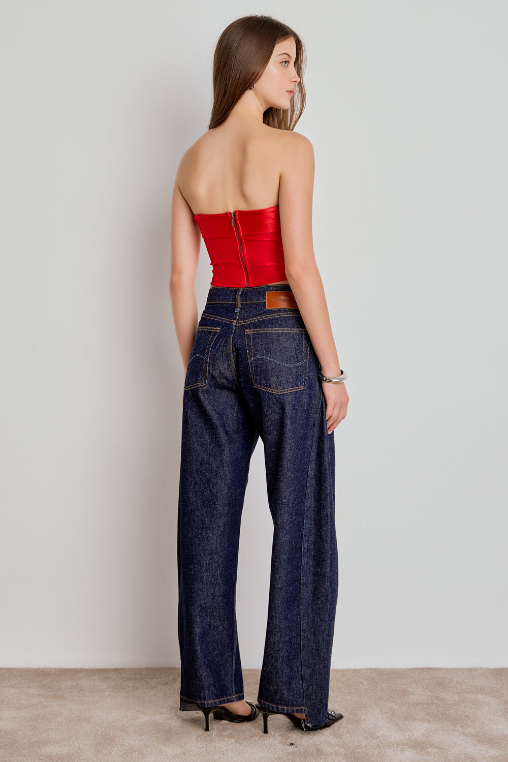 CALÇA ALINE FEMININA BARREL RECORTES JEANS ESCURO