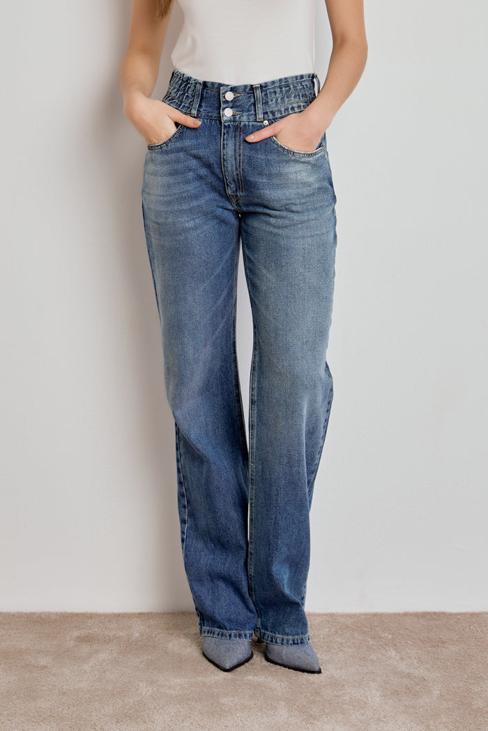 CALÇA MARESSA FEMININA WIDE LEG ELÁSTICO JEANS MÉDIO