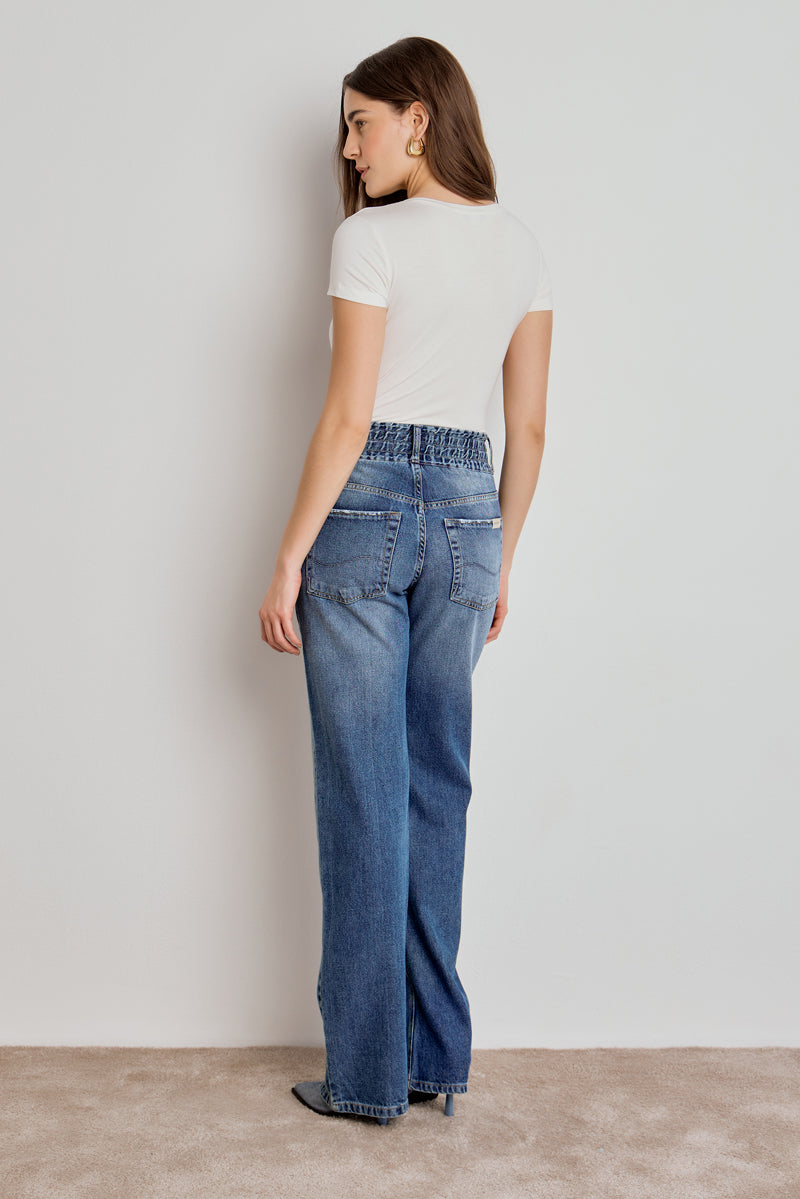 CALÇA MARESSA FEMININA WIDE LEG ELÁSTICO JEANS MÉDIO