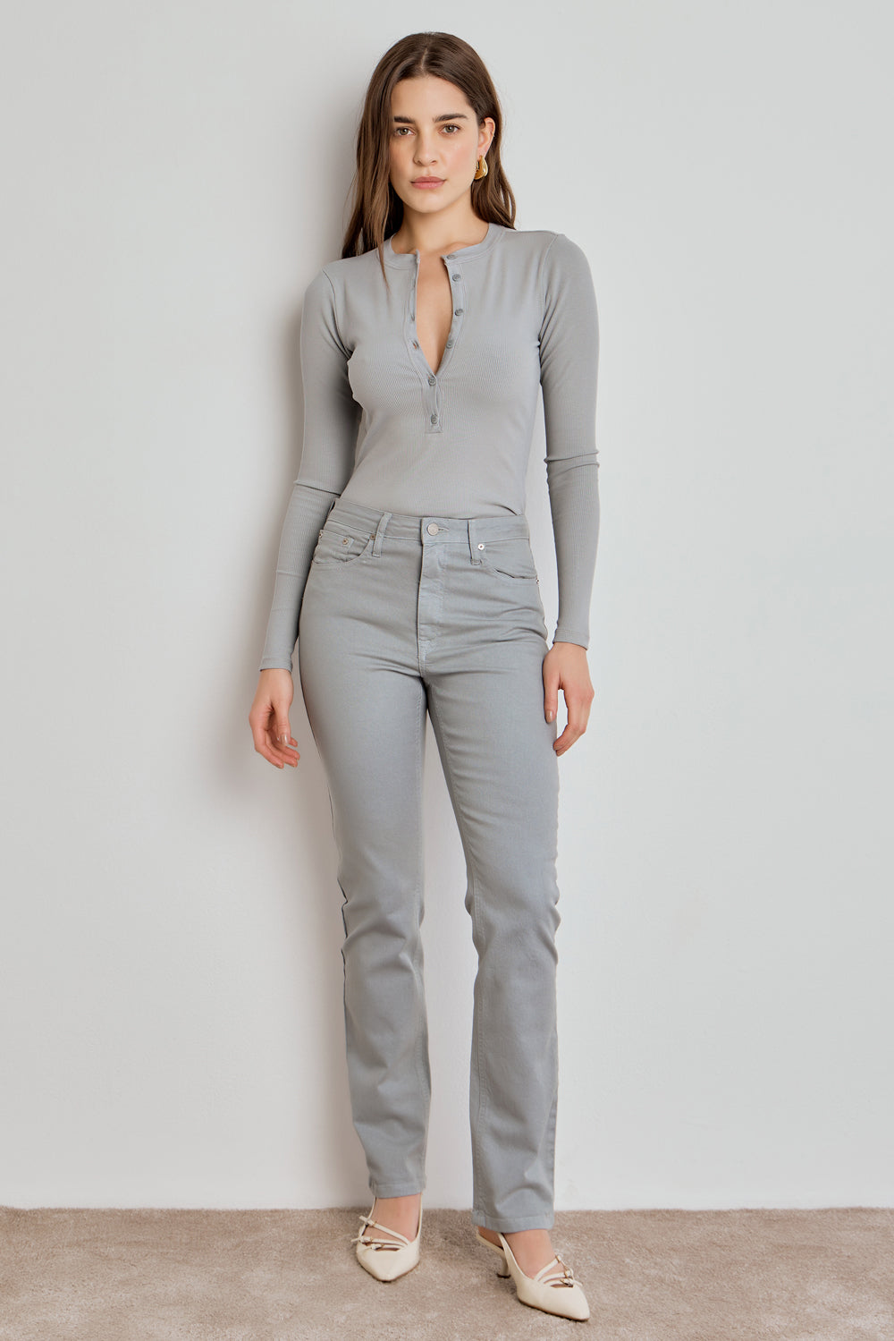 BLUSA FEMININA MANGA LONGA BOTÕES RIBANA - CINZA CLARO