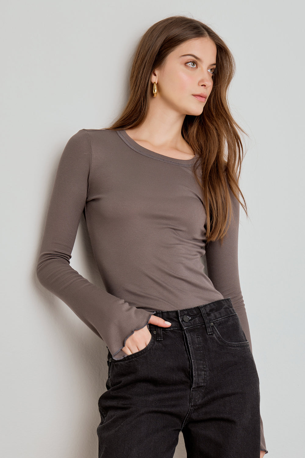 BLUSA FEMININA MANGA LONGA SINO CANELADA - CINZA