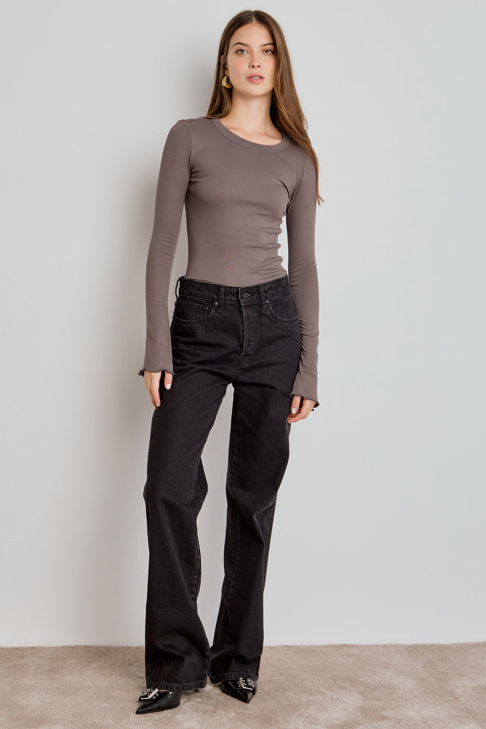BLUSA FEMININA MANGA LONGA SINO CANELADA - CINZA