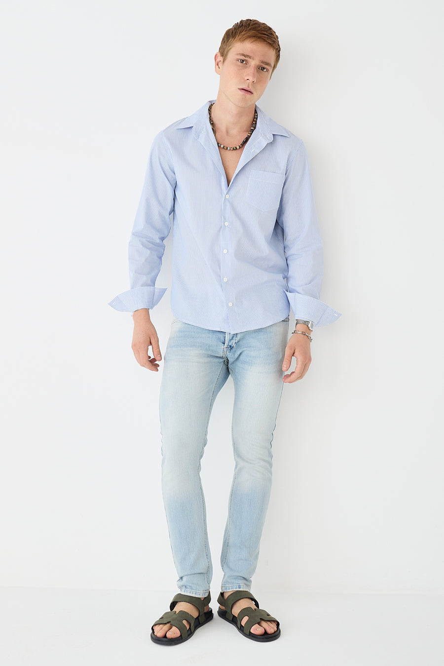 CAMISA MASCULINA MANGA LONGA LISTRADA - OFF/AZUL