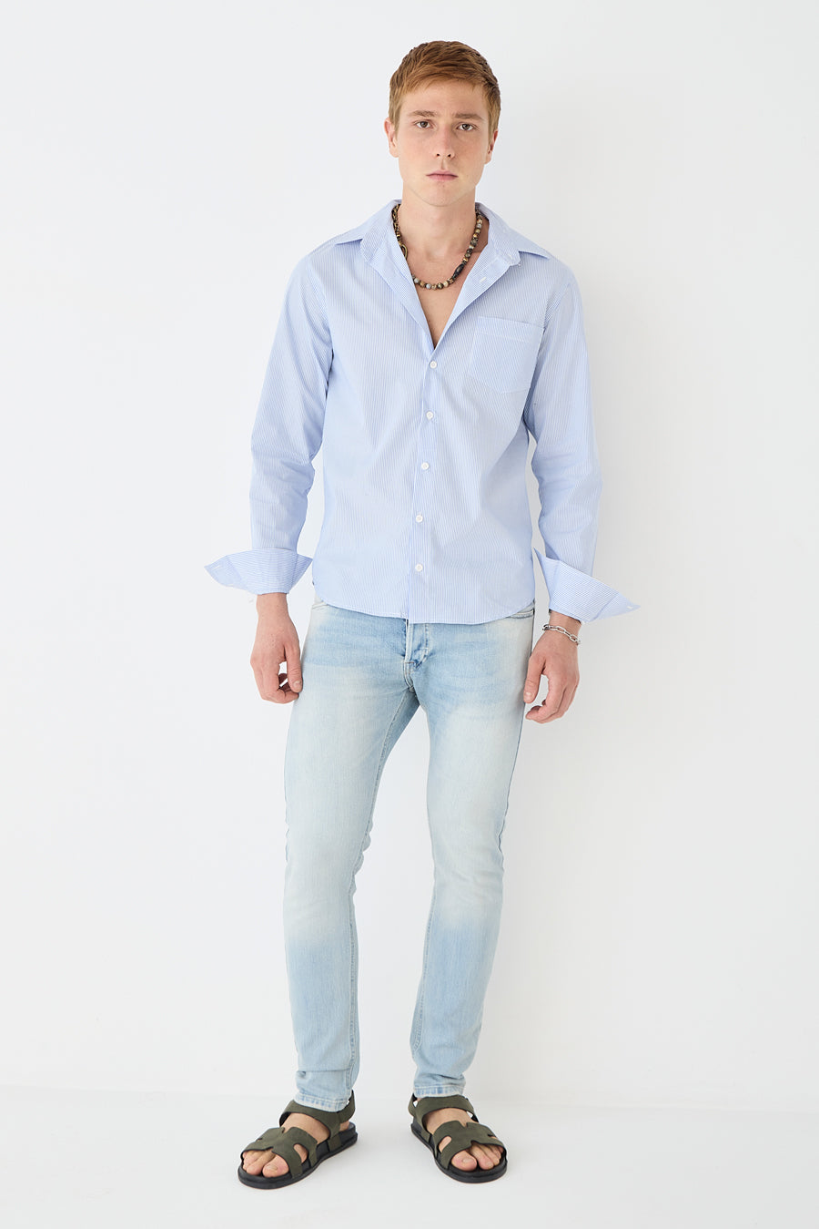 CAMISA MASCULINA MANGA LONGA LISTRADA - OFF/AZUL