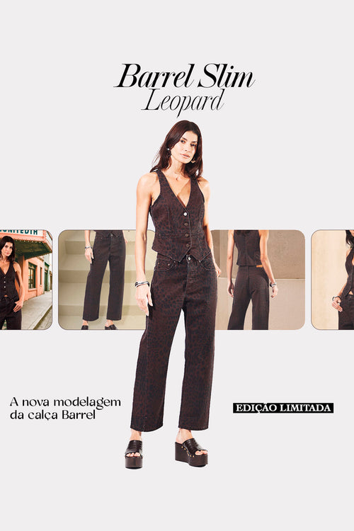 CALÇA BARREL SLIM ESTAMPADA SARJA TRUE LEOPARD ESCURO