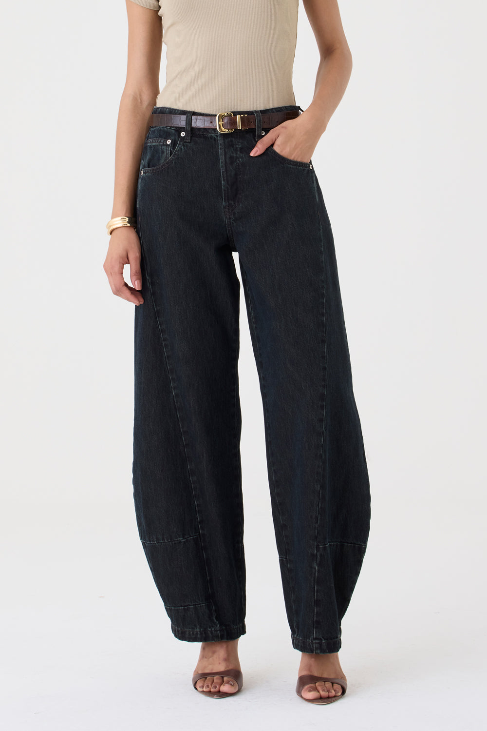 CALÇA FABIANA FEMININA BALLOM RECORTES JEANS BROWN
