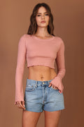 BLUSA FEMININA CROPPED MANGA LONGA RIBANA ROSA BLUSH