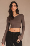 BLUSA FEMININA CROPPED MANGA LONGA RIBANA CINZA