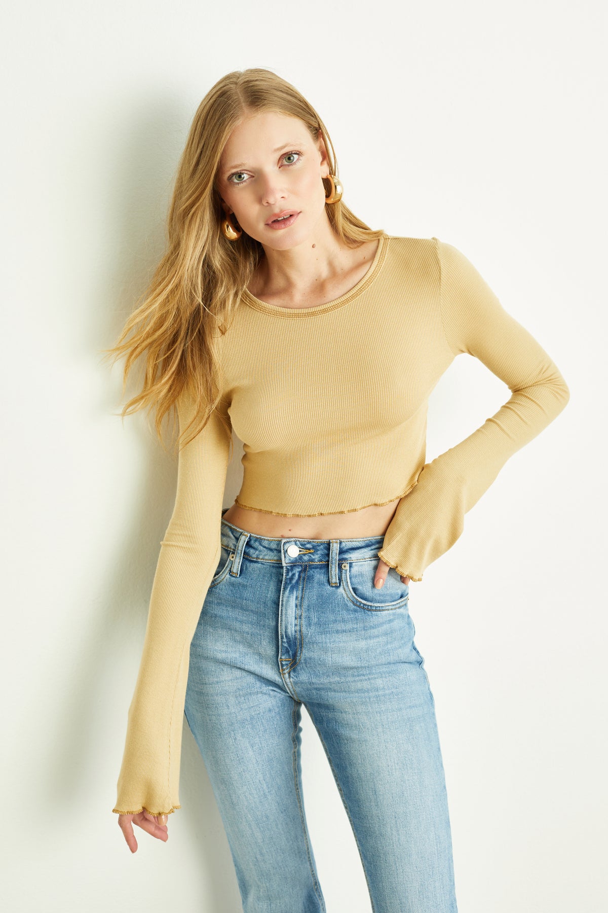 Blusa Cropped Manga Longa Ribana Areia