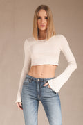 BLUSA FEMININA CROPPED MANGA LONGA RIBANA OFF WHITE