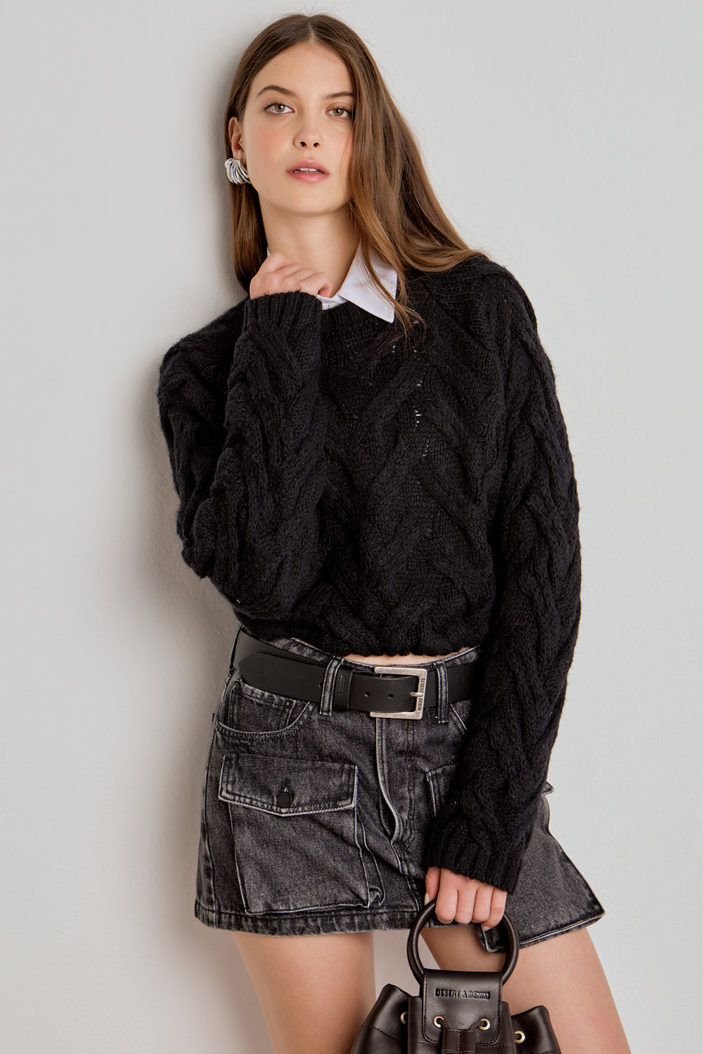 Tricot Cropped Manga Longa Preto
