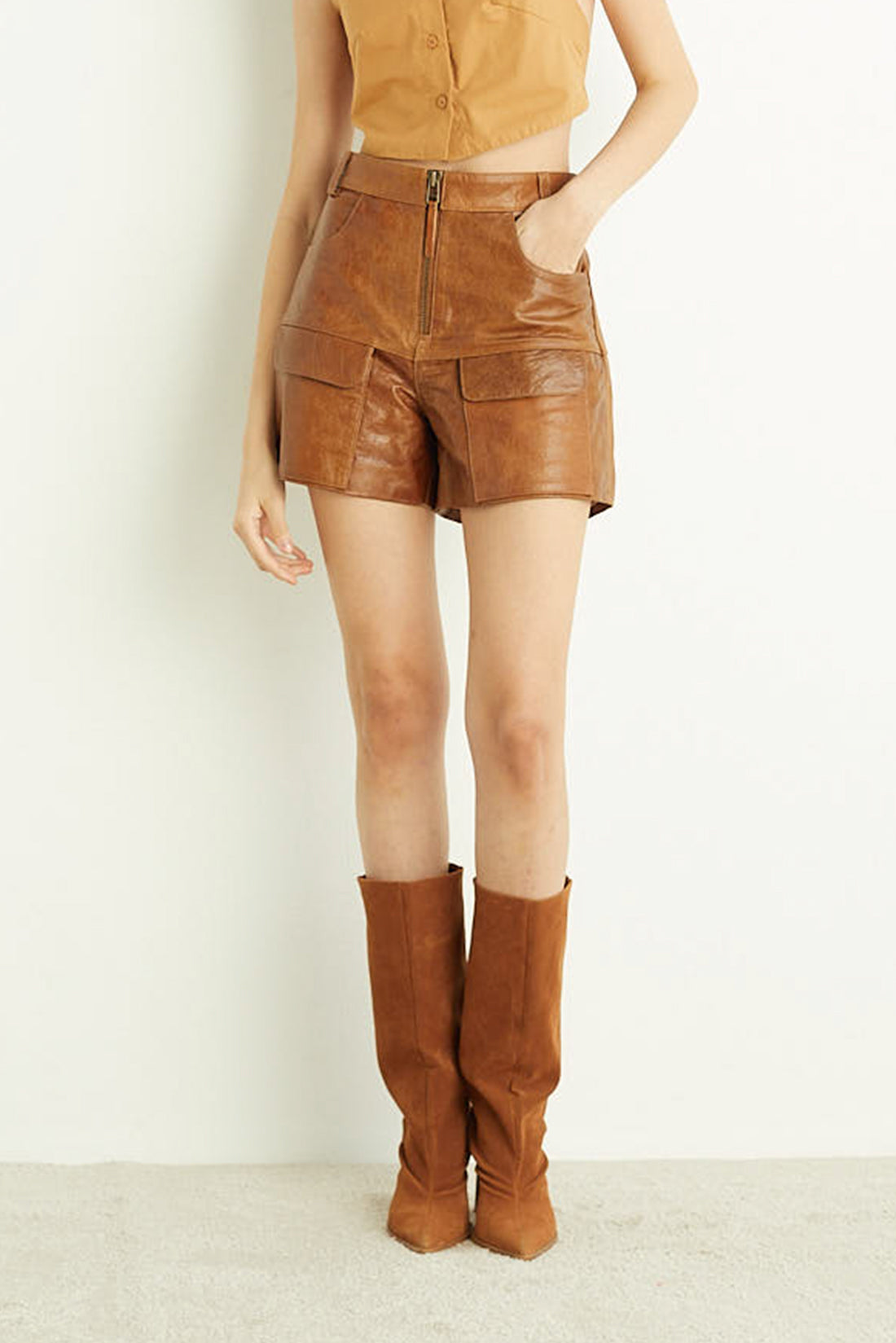 Shorts Zíper Couro Caramel