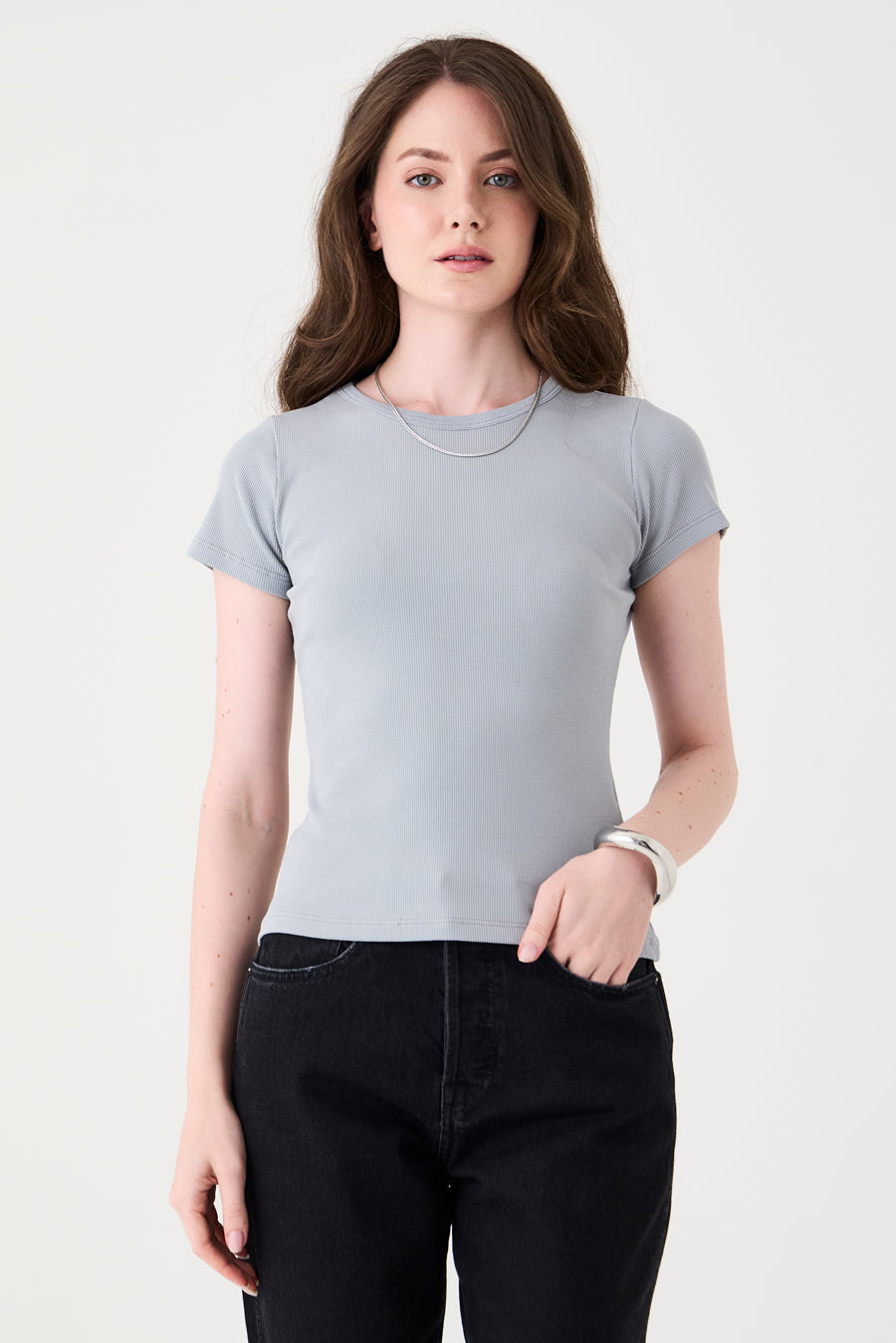 T-SHIRT FEMININA BABY LOOK RIBANA - CINZA CLARO