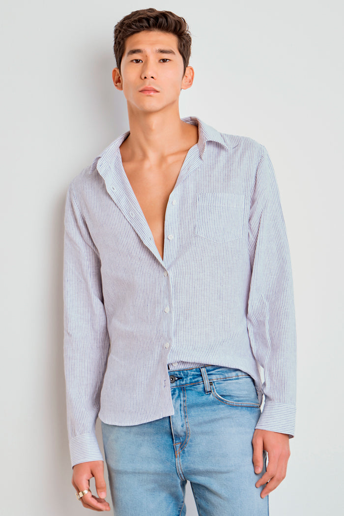 CAMISA LINHO LISTRADO MASC  AZUL/OFF