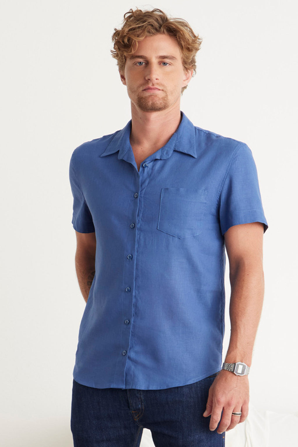 CAMISA MASCULINA LINHO MANGA CURTA - AZUL INDIE